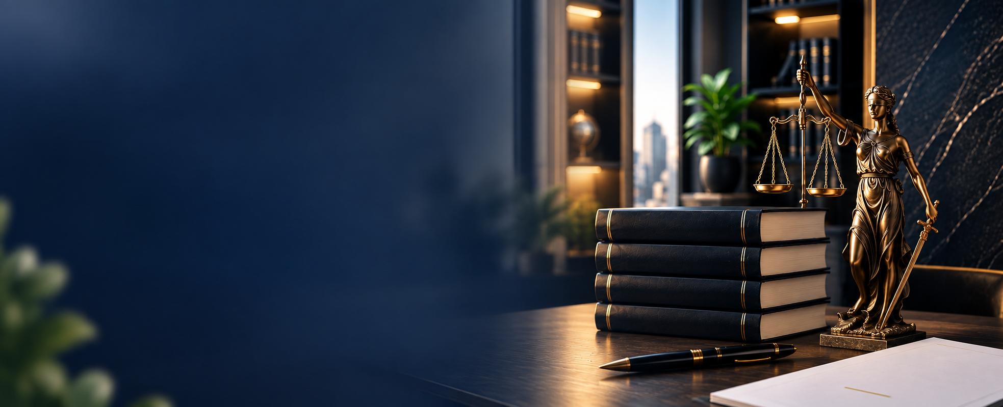 Legal advisory workspace with statutes and Lady Justice