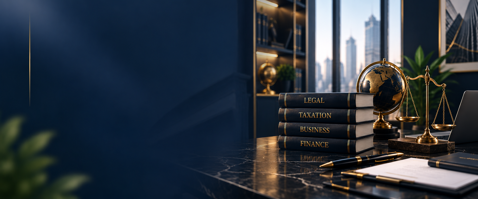 Legal, taxation, business and finance volumes on a consultancy desk